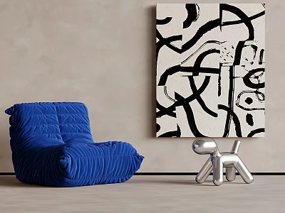 Blue Quilted Sofa With Black White Abstract Painting And Silver Dog Sculpture 3d model