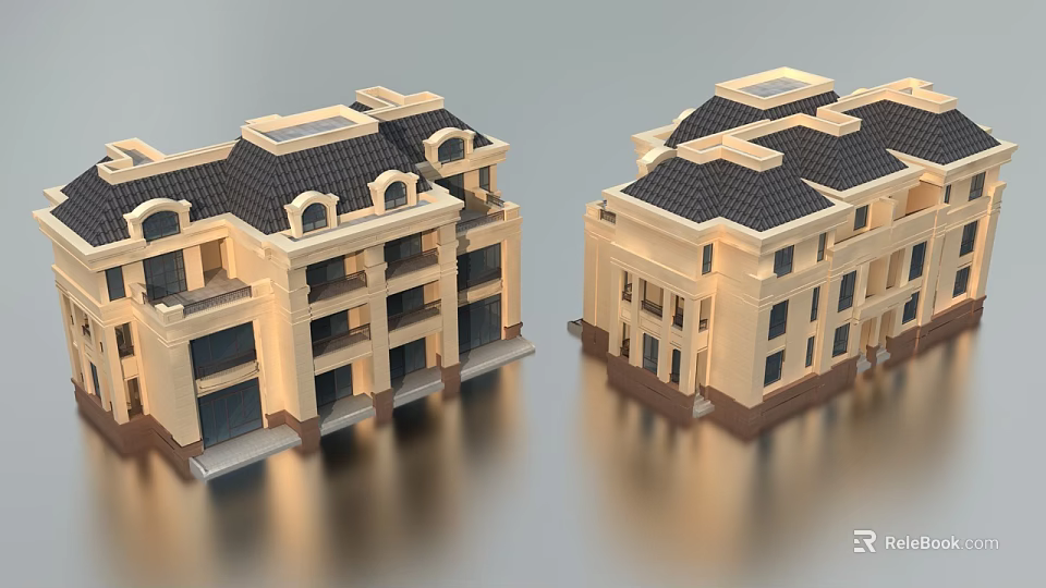 Semi detached Villa Exterior With Symmetrical Design Tiled Roof And Balconies 3d model 