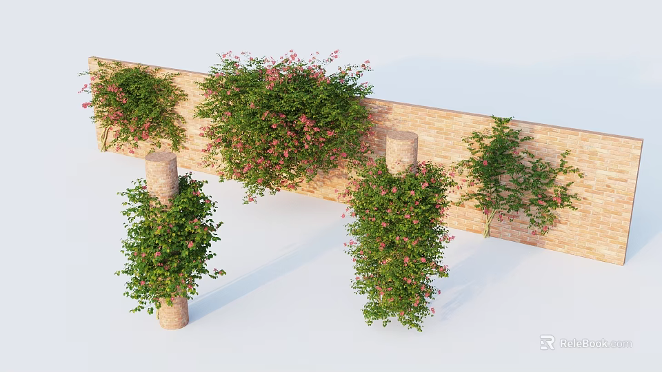 Lush Green Vines With Pink Flowers Covering Brick Wall And Pillars 3d model 