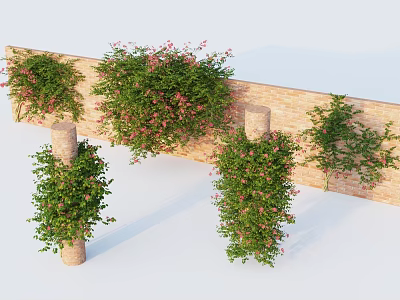 Lush Green Vines With Pink Flowers Covering Brick Wall And Pillars 3d model