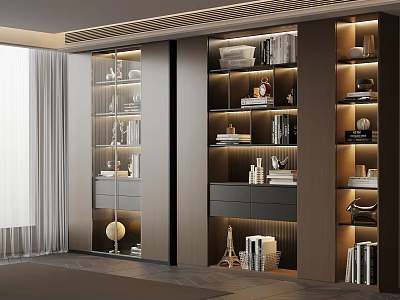 Modern Bookcase With Glass Doors Wooden Frame Featuring Books Decorative Items And Storage Drawers 3d model