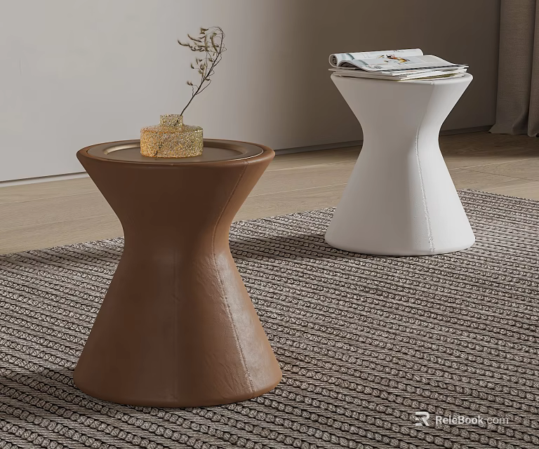 Modern Brown And White Side Tables With Gold Decor Magazines And Dried Branches On Rug 3d model 