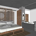 Hotel Guest Room With Wooden Flooring And Minimalist Bedhead Feature Wall