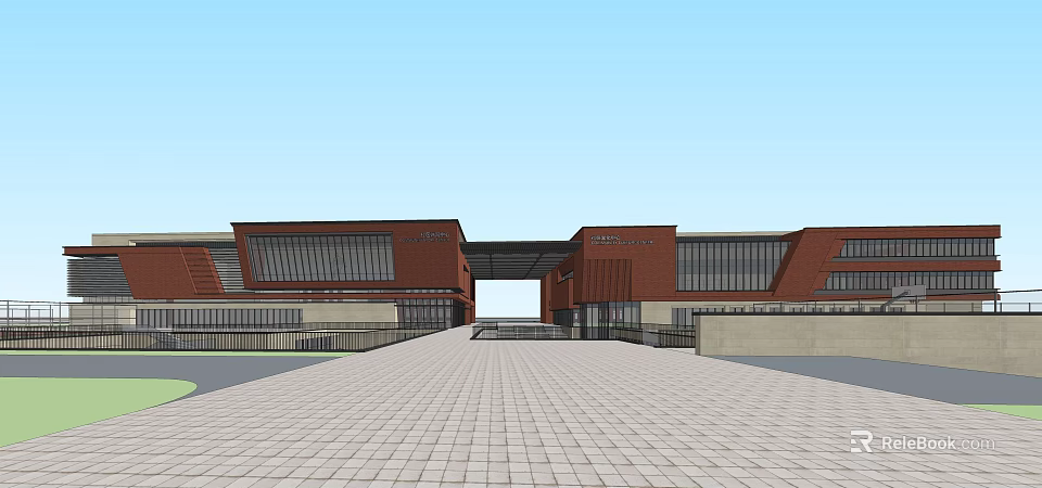 Red Brick Building Complex With Large Glass Windows Central Connecting Passageway And Brick Paved Plaza 3d model 