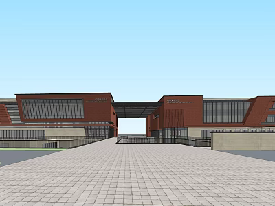 Red Brick Building Complex With Large Glass Windows Central Connecting Passageway And Brick Paved Plaza 3d model
