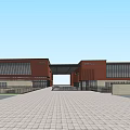 Red Brick Building Complex With Large Glass Windows Central Connecting Passageway And Brick Paved Plaza