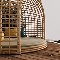 Landscape Seating With Wicker Dome Structure Yellow And Blue Cushions Surrounded By Green Plants And Wooden Platform