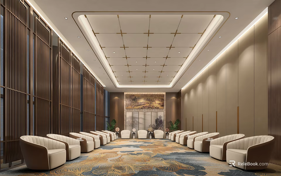 Hotel Public Lounge Featuring Wooden Walls Square Grid Ceiling Large Decorative Painting And Patterned Carpet 3d model 