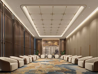 Hotel Public Lounge Featuring Wooden Walls Square Grid Ceiling Large Decorative Painting And Patterned Carpet 3d model