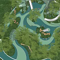 Modern Urban Park Landscape With Green Trees Winding Paths And Water Features