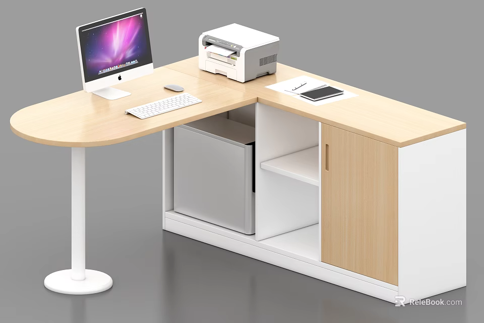Light Wood Office Desk With Computer Monitor Keyboard Printer Drawers And Storage Cabinet 3d model 