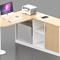 Light Wood Office Desk With Computer Monitor Keyboard Printer Drawers And Storage Cabinet
