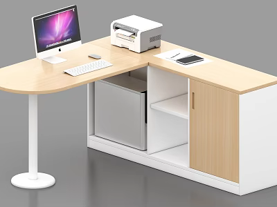 Light Wood Office Desk With Computer Monitor Keyboard Printer Drawers And Storage Cabinet 3d model