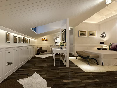 Modern Hotel Room Interior With Sloped Ceiling Bed Armchair And Decorative Paintings 3d model
