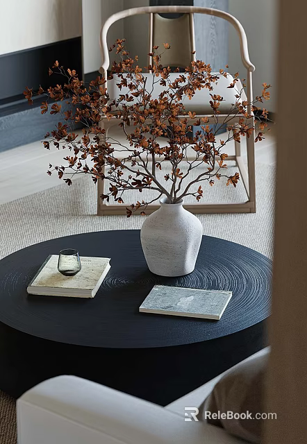 Black Textured Coffee Table With White Vase Books Glass Cup And Dried Twigs 3d model 