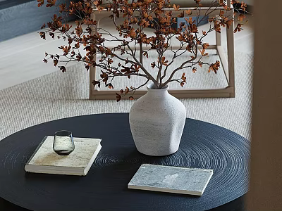 Black Textured Coffee Table With White Vase Books Glass Cup And Dried Twigs 3d model