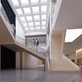 Modern Exhibition Hall Interior With Large Triangular Carved Relief Wall And Glass Railings