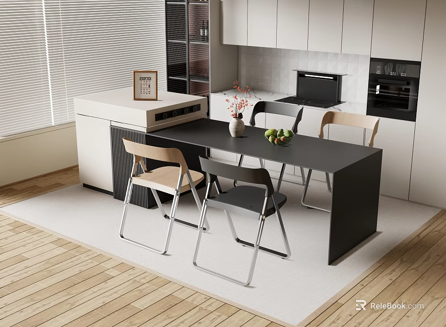 Modern Kitchen Bar with Black Countertop Chairs Vase Fruits and Open Design 3d model 