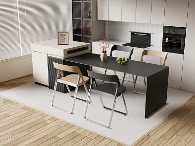 Modern Kitchen Bar with Black Countertop Chairs Vase Fruits and Open Design 3d model