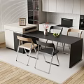 Modern Kitchen Bar with Black Countertop Chairs Vase Fruits and Open Design