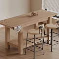 Wooden Long Table With Small Model Airplane And Bar Stools In Simple Room 3d model