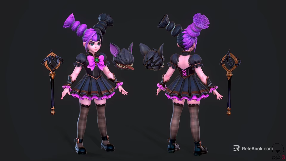 Woman With Purple Twintail Hair Black Dress Purple Accents Cat Ears And Holding Staff 3d model 