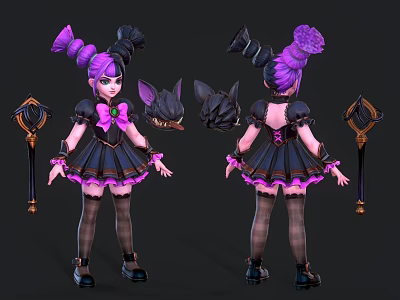 Woman With Purple Twintail Hair Black Dress Purple Accents Cat Ears And Holding Staff 3d model