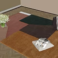 Square Rug with Geometric Pattern Pink Green Brown Orange White Flower Bouquet Folded Newspaper Clothes on Wooden Floor by Window