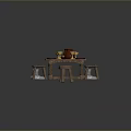 Wooden Dining Table With Pizza Cups Plates Clay Pots Bench And Stools