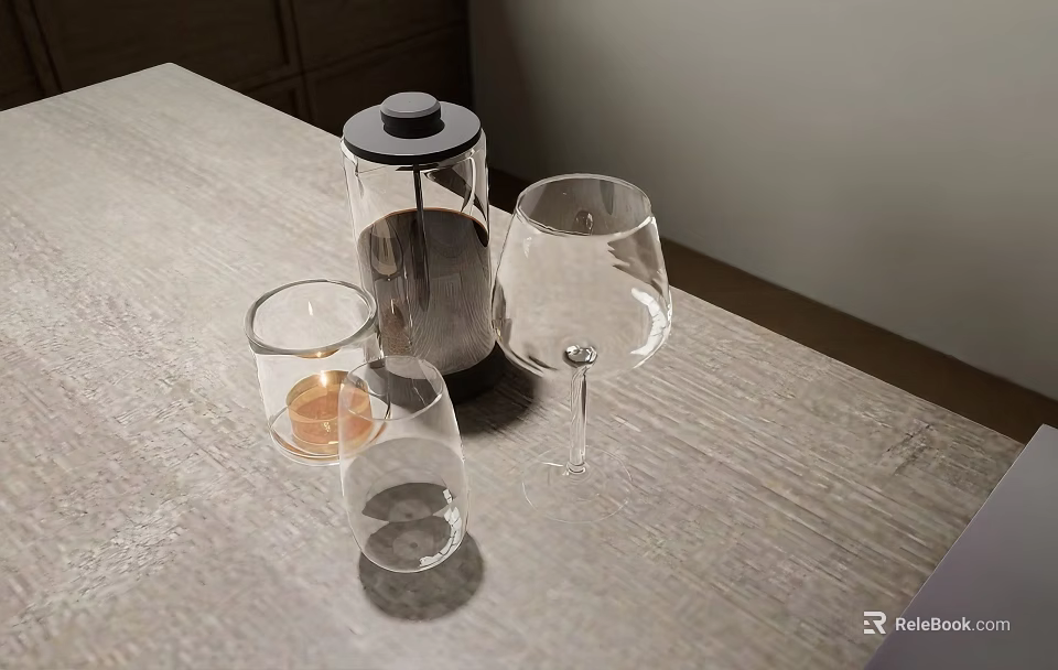 Elegant Wine Bottle and Glasses on Light Wooden Table with Candle Holder 3d model 