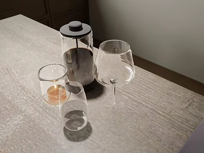 Elegant Wine Bottle and Glasses on Light Wooden Table with Candle Holder 3d model