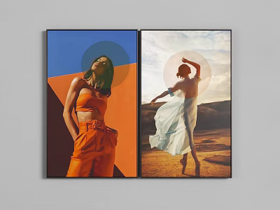 Two Figure Paintings Featuring Women In Orange Outfit And White Dress With Geometric And Outdoor Backgrounds 3d model