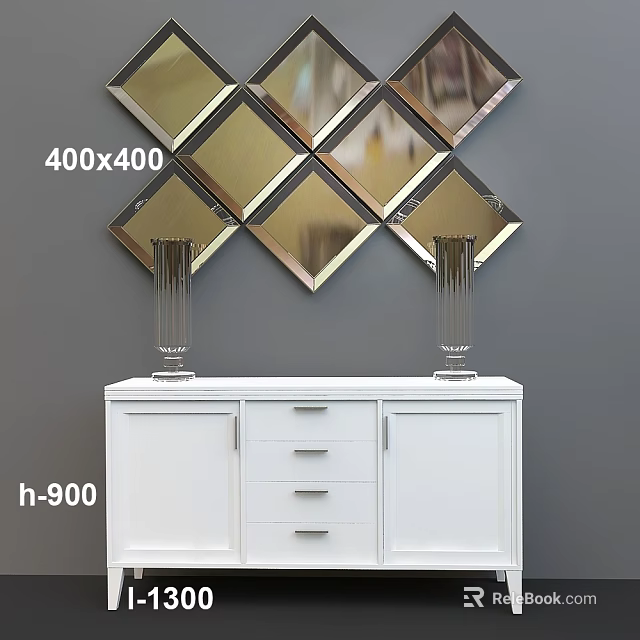 White TV Stand with Glass Vases and Diamond Shaped Mirrors on Wall 3d model 