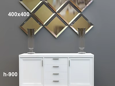 White TV Stand with Glass Vases and Diamond Shaped Mirrors on Wall 3d model