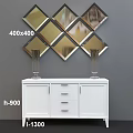 White TV Stand with Glass Vases and Diamond Shaped Mirrors on Wall