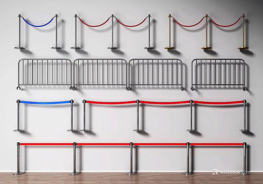 Various Types of Metal Fences with Red Blue Ropes in Indoor Setting 3d model 
