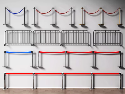 Various Types of Metal Fences with Red Blue Ropes in Indoor Setting 3d model
