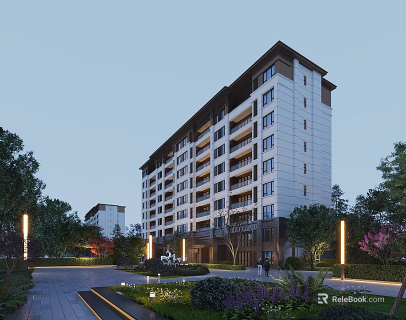 Modern Residential Building Exterior with Landscaped Gardens Trees Pathways Balconies and Lighting 3d model 