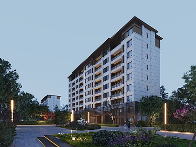 Modern Residential Building Exterior with Landscaped Gardens Trees Pathways Balconies and Lighting 3d model