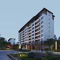 Modern Residential Building Exterior with Landscaped Gardens Trees Pathways Balconies and Lighting