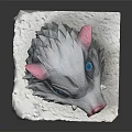 Fantasy Creature Head Sculpture With Gray Fur Pink Ears And Blue Eyes On White Base