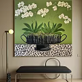 Botanical Painting with White Orchids in Black Pot on Leopard Print Base and Green Background