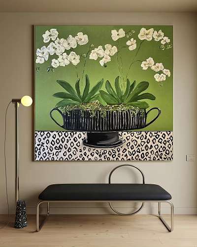 Botanical Painting with White Orchids in Black Pot on Leopard Print Base and Green Background 3d model