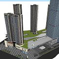 Modern Commercial Complex With High Rise Towers And Shopping Mall Area