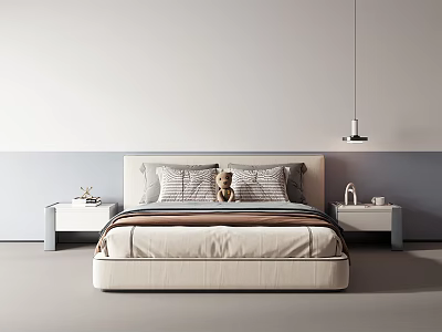 Modern Bedroom Interior Design With Bed Headboard Cushions Teddy Bear Nightstands And Pendant Lamp 3d model