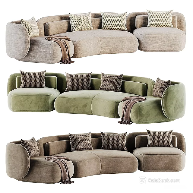 Modern Curved Sectional Sofa With Plush Pillows And Soft Blanket In Various Colors 3d model 
