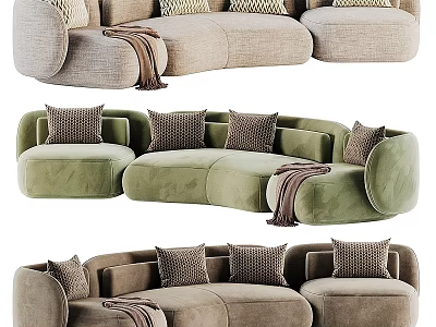 Modern Curved Sectional Sofa With Plush Pillows And Soft Blanket In Various Colors 3d model