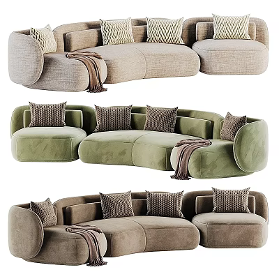 Modern Curved Sectional Sofa With Plush Pillows And Soft Blanket In Various Colors 3d model