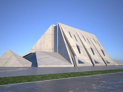 Modern Geometric Concrete Building With Angular Design Blue Sky And Green Lawn 3d model