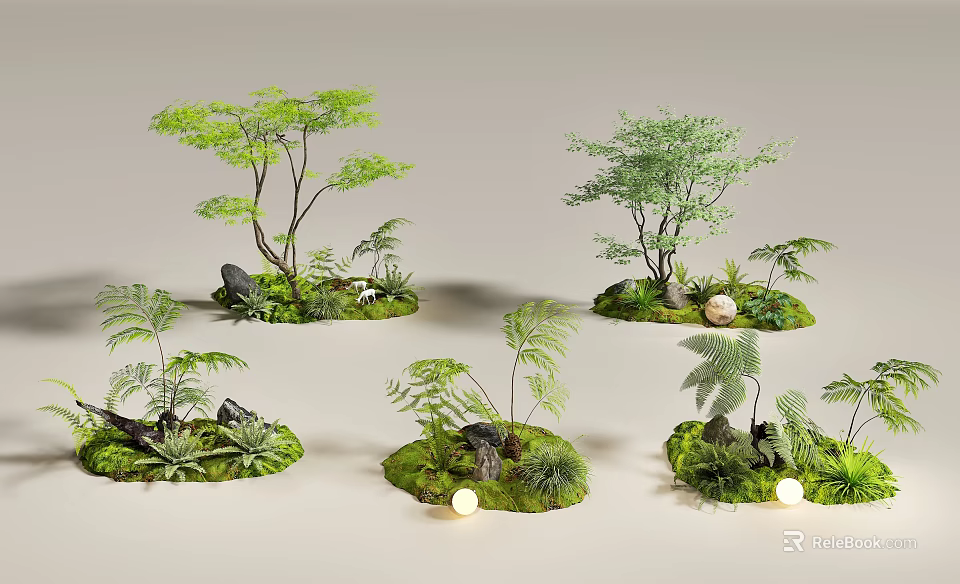 Natural Indoor Landscape With Various Plants Ferns Stones Moss And Lights 3d model 